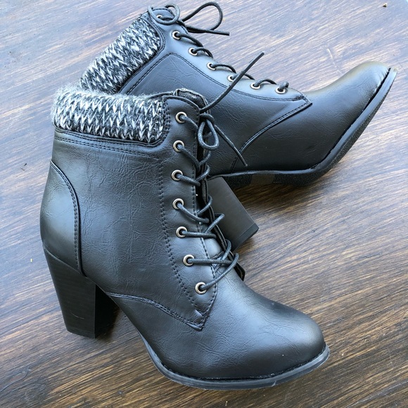 Black Lace Up Combat Bootie Chunky Heel Knit Ankle - Picture 4 of 6